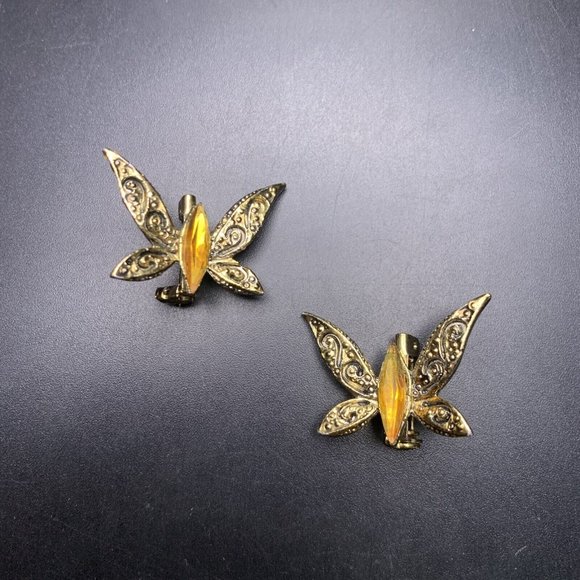 Butterfly Scatter Pin Set Small Brooch Lot Gold Tone Amber Rhinestone Vintage - Picture 2 of 6